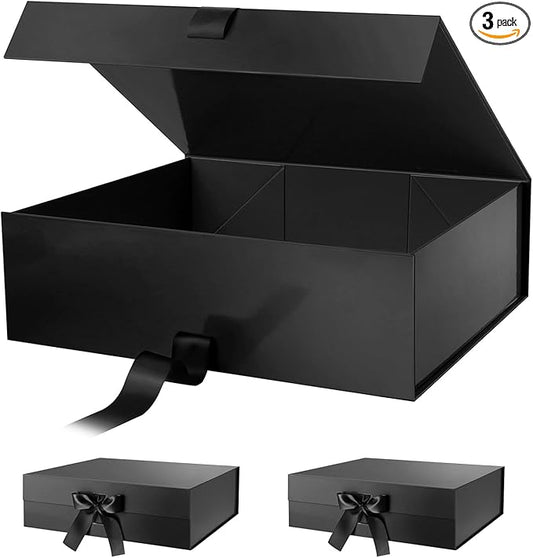 PACKHOME 17x14.5x5.5 Inches, 3 Extra Large Gift Boxes with Lids, Magnetic Closure Boxes with Ribbon for Clothes and Large Gifts (Glossy Black)