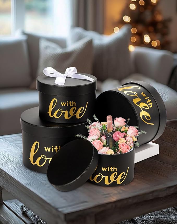 Luxury Round Nested Gift Boxes with Lids (Set of 4) – Reusable Sturdy Cardboard Gift Box Set for Birthdays, Weddings, Anniversaries, Christmas, and Valentine’s Day – Black & Gold