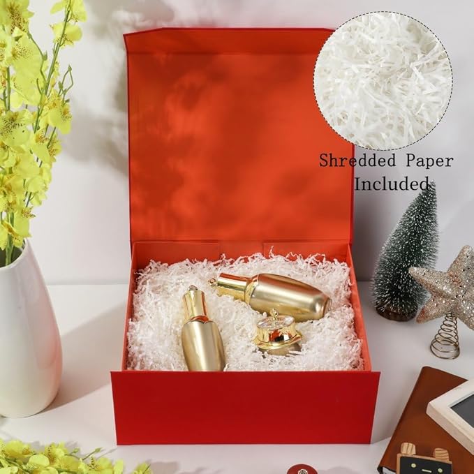 1 Pcs Red Gift Box Large 13x11x5.3 Inch Magnetic Boxes with Crinkle Paper Red Large Gift Box with Shredded Paper Luxury Gift Boxes with Lids for Presents