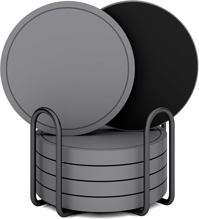 Azhou 6Pcs Super Absorbent Coasters with Holder, Diatomaceous Earth Coaster with Soft Velvet Base, 4 inch Grey Coasters for Drinks, Thick Heavy Duty Stone Coaster, Home Decor Coffee Bar Accessories