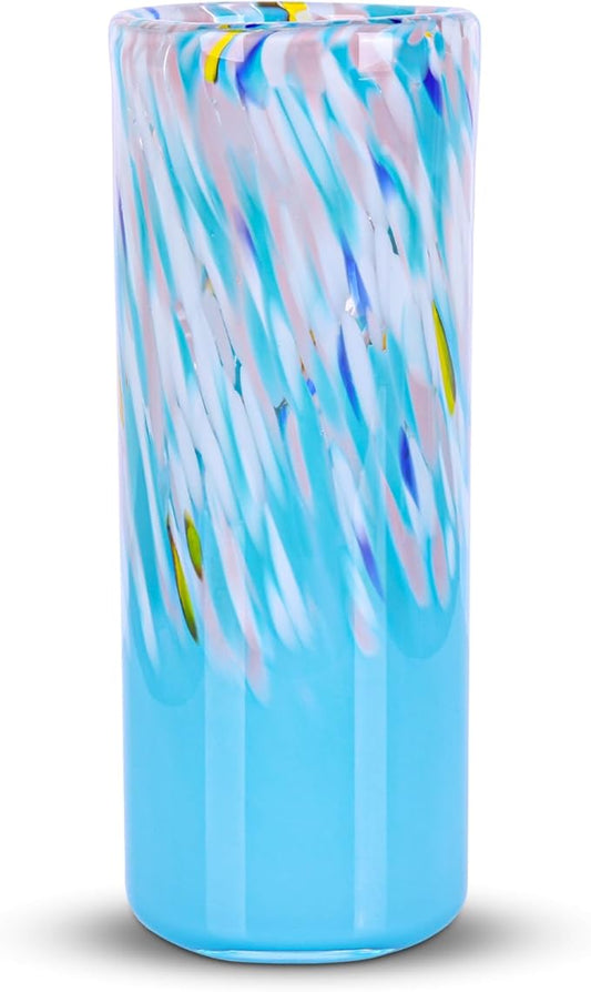 9.45" Tall Blue Vase Hand Blown Glass Vase Green, Modern Blue Home Centerpieces Wide Mouth Vases for Bud&Flower Decor - Ideal Living Room, Kitchen, Wedding, Dining Table, Office Center Table