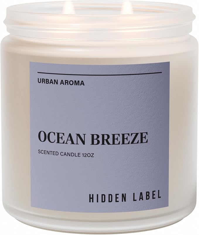 Hidden Label Ocean Breeze Scented Candle, 12oz 2 Wick Natural Soy Non Toxic Candles, Clean Burning Long Lasting Aromatherapy for Home | Gifts | Décor,Premium Scents for Relaxation & Stress Relief