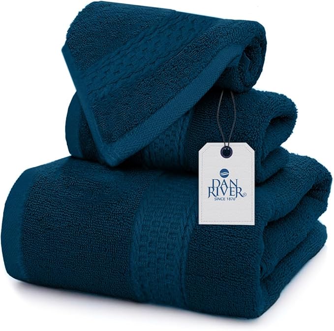DAN RIVER 100% Ring Spun Cotton 3-Piece Towel Set, Blue Opal, Bath Towel, Hand Towel and Washcloths, 550 GSM - Soft, Absorbent Quick Dry Cotton Towels for Bathroom, Spa, and Gym