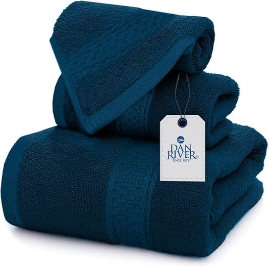 DAN RIVER 100% Ring Spun Cotton 3-Piece Towel Set, Blue Opal, Bath Towel, Hand Towel and Washcloths, 550 GSM - Soft, Absorbent Quick Dry Cotton Towels for Bathroom, Spa, and Gym
