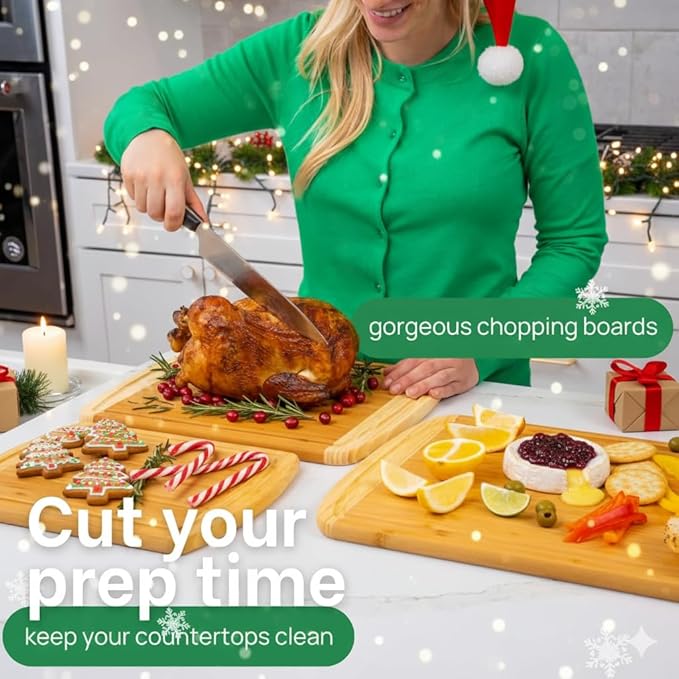 Organic Bamboo Cutting Boards for Kitchen Set of 3 with Lifetime Replacements – Premium Extra Large Wood Chopping Boards with Juice Grooves for Carving & Serving, Non-Toxic & Durable by Greener Chef