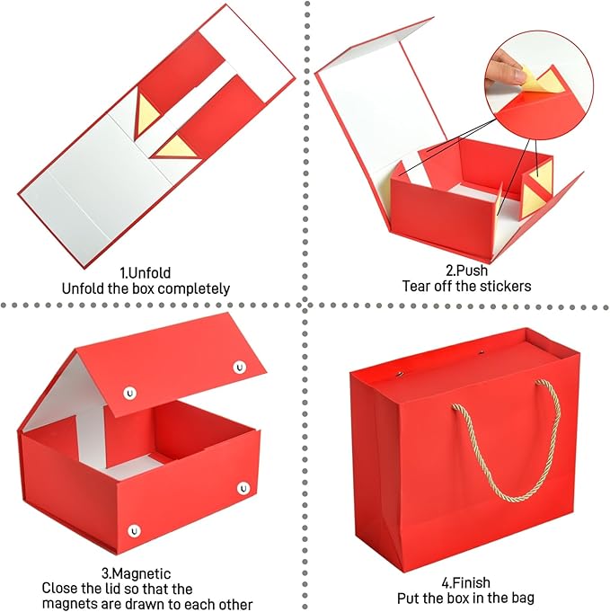 Elegant Gift Boxes with Gift Bag for Presents with Lids Magnetic Closure Rectangle Collapsible for Christmas, Valentine's Day, Birthday Gift Packging (Red)