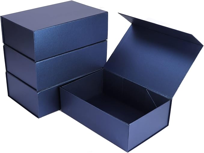 4 Pack 12x8x4 Inches Gift Boxes with Magnetic Closure Lids, Blue Magnetic Box for Wedding, Groomsmen Bridesmaid Proposal, Birthdays, Mother's Day