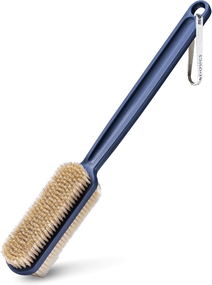 MainBasics Back Scrubber for Shower – Long Handle Dual-Sided Brush for Body Wash & Scrubbing with Exfoliating & Soft Bristles (Ultramarine, Plastic)