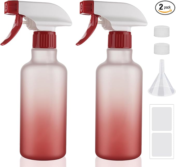 Plastic Spray Bottles 12oz 2 Pack Adjustable Mist/Stream Spraying Heavy Duty Square Water Spray Bottles for Hair, Cleaning Solutions, Plants, Cooking，BBQ，Essential Oils (Red)