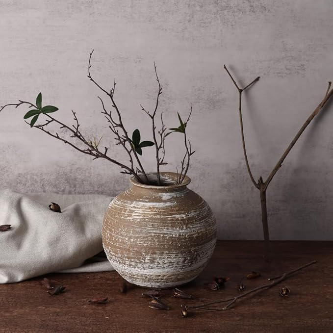 Rustic Terracotta Vase for Farmhouse Decor, Large Round Ceramic Vases for Home Decor, Wide Mouth Brown Clay Jug, Vintage Pottery Vases for Living Room, Kitchen, Table Centerpieces Rustic Home Decor