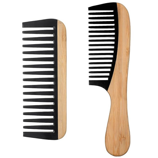 Bamboo Wide Tooth Comb Set, 2 Pcs Natural Handmade Bamboo Wooden Wide Tooth Comb for Women, Anti-Static for Thick Wet Wavy Hair Women Men