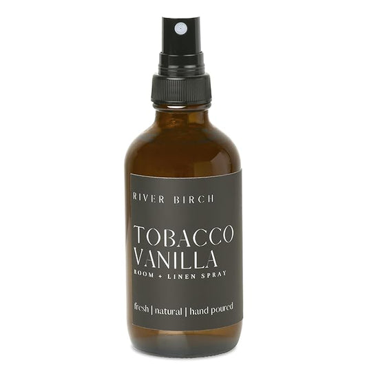 River Birch Luxury Linen and Room Spray - Tobacco Vanilla Home Signature Scent - Room Fragrance Spray - Fragrant Fresh Linen Air Freshener For Bedding - Handmade in Texas - 4 oz Glass Amber Bottle