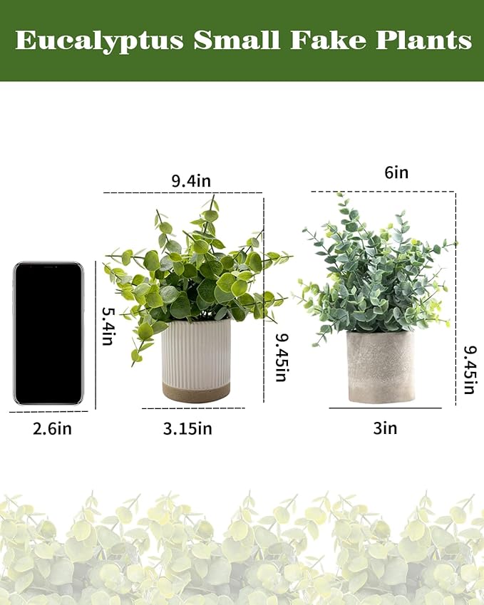 Small Fake Eucalyptus for Decorative Trays,9.5" Artificial Eucalyptus Ceramic Potted Plants for Office Desk,Faux Greenery Plant for Home Bathroom Floating Shelves Decor(Green)