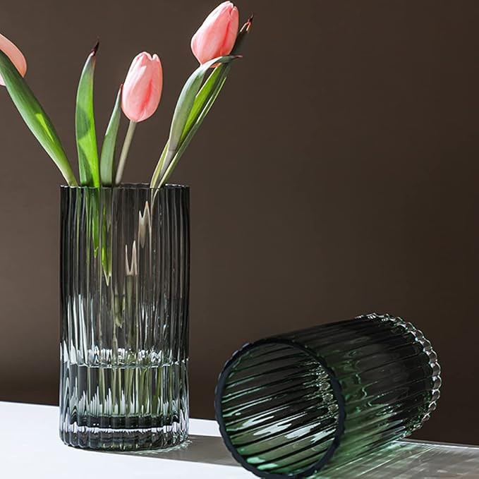 Muyan 9.8" Flower Vase for Decor Ribbed Glass Vase Modern for Centerpieces Desktop Home Office Dining Living Room Wedding (Gray)