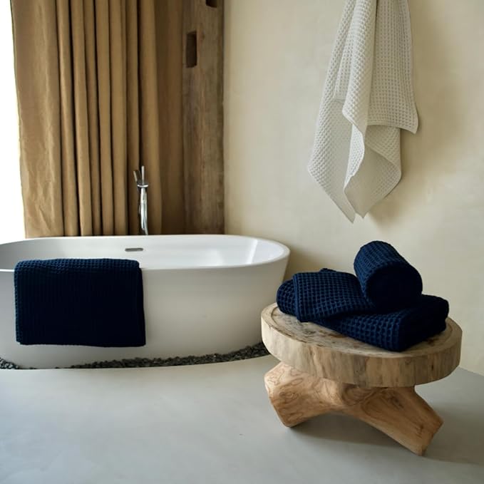 Luxury Japanese Cotton Waffle Bath Towel | Plush, Absorbent, and Quick Dry (Ocean Blue, Hand Towel, 32" x 16")