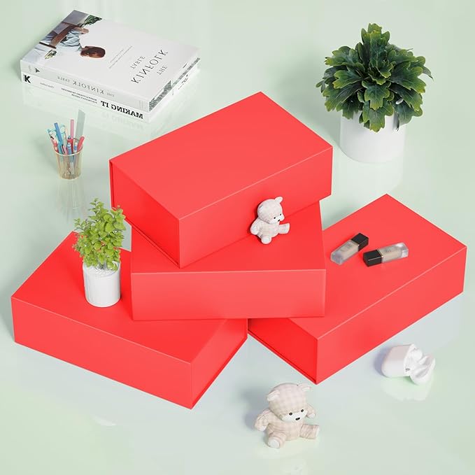 5 Pack Red Gift Box, 9.5x6x3'' Gift boxes for Presents with Lids Magnetic Closure Rectangle Collapsible for Bridesmaid Proposal Box, Wedding, Christmas, Halloween, Birthday Gift Packging