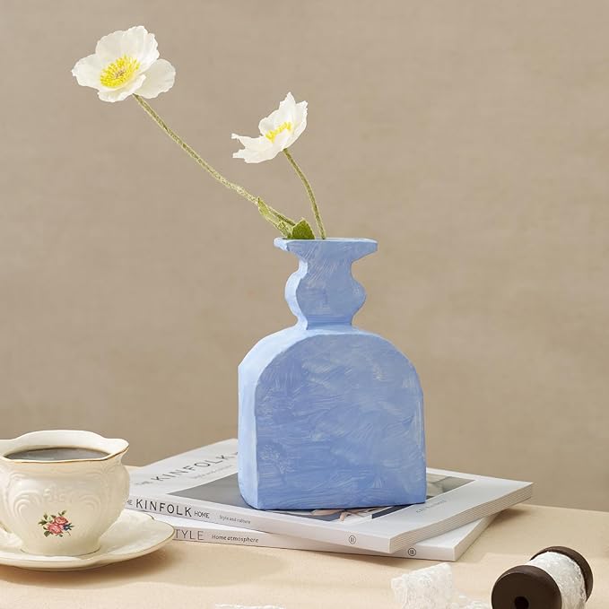 Ceramic Vase, Small Blue Vases Home Decor,Fall Décor Modern Farmhouse Vases for Home Decor, Organic Decor Accents for Living Room, Shelf, Table, Entryway