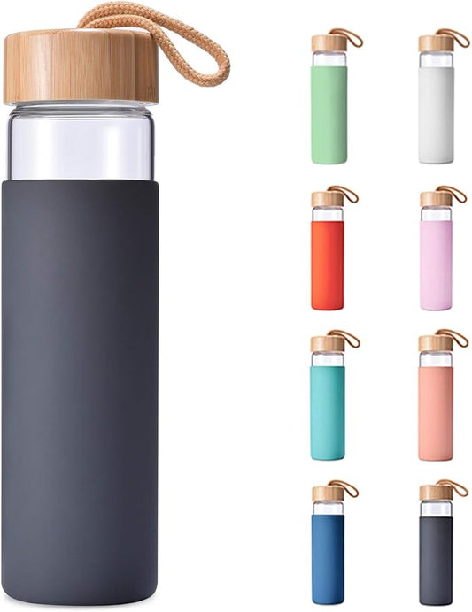 20 Oz Borosilicate Glass Water Bottles with Silicone Sleeve BPA Free, Dishwasher Safe - Reusable Clear Glass Drinking with Leak Proof Bamboo Lid | Perfect Gym Water Bottles for Men & Women