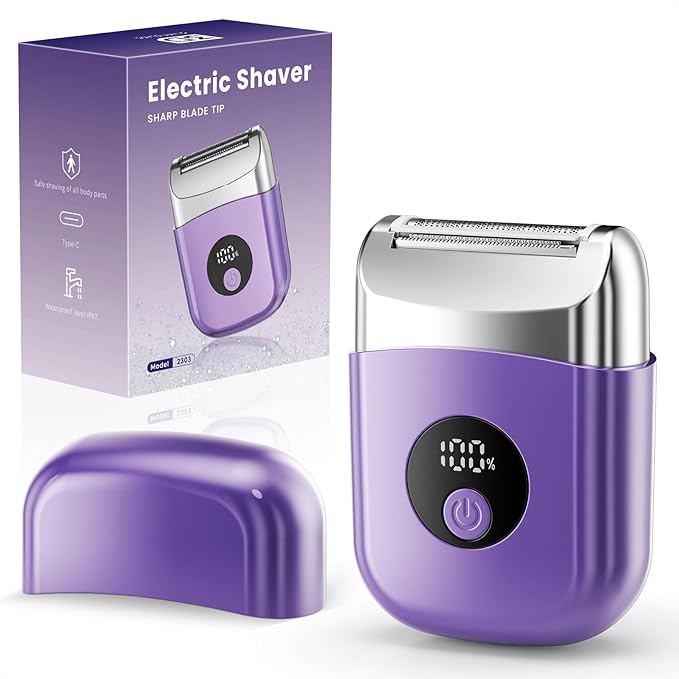 Cordless Electric Razors for Women, Travel Electric Shaver with LED Display, Rechargeable Body Trimmer Shaver for Private Area, Face Underarms Bikini,Lips,arms, Legs (Purple)