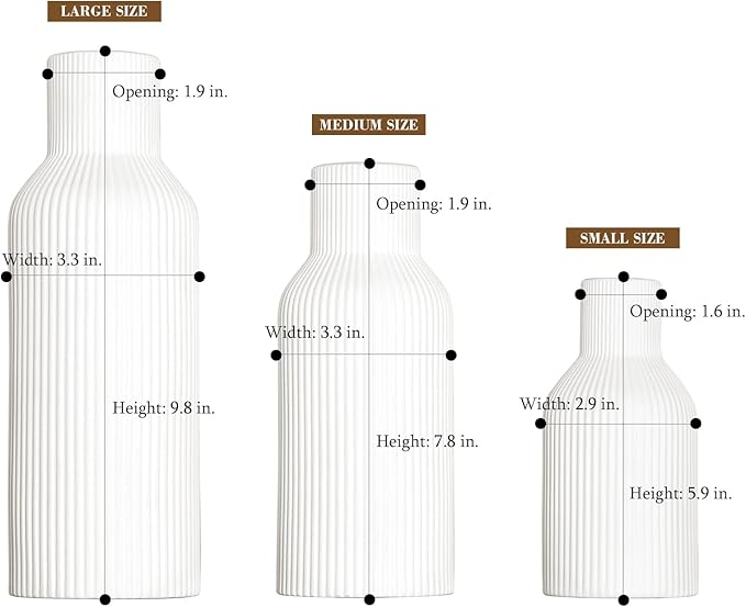 White Ceramic Vases Set of 3, White Ribbed Decorative Vases - Table Centerpieces for Wedding, Living Room, Office & Shelf Decor