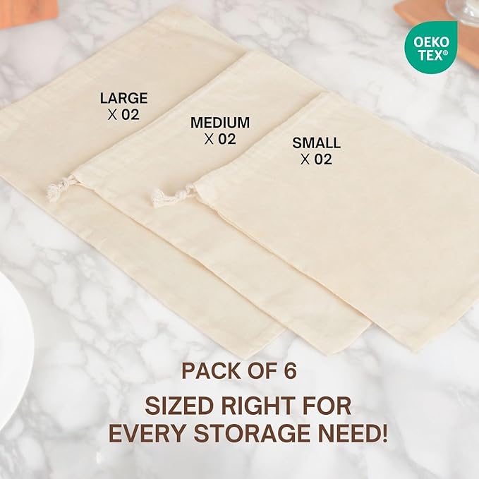 Premium Quality Organic Cotton Single Drawstring Muslin Produce Bags Pack of 6(2L+2M+2S) Multiuse - kitchen storage, Travel, Soap & Boot Storage, shoe bags -Beige
