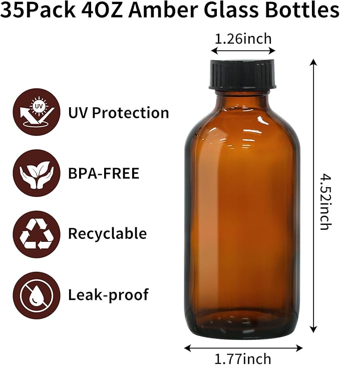 35 Pack 4oz Amber Glass Boston Round Bottles with Polycone Leak-Proof Phenolic Caps – Brown Airtight Refillable Containers for Homemade Vanilla Extract, Essential Oils, Herbal Medicine, and Syrups