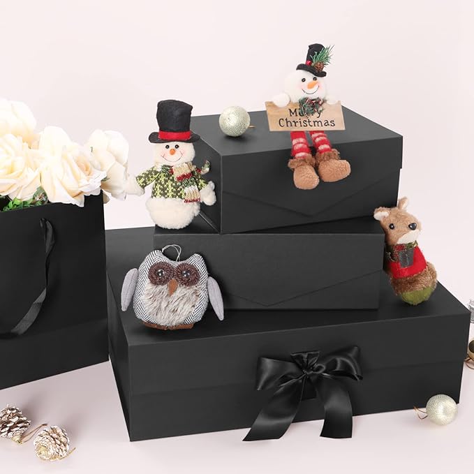 JINMING Extra Large Gift Box with Ribbon 16.3x14.2x5 Inches, Black Box for Gifts, Groomsman Proposal Box for Mother's Day, Father's Day, Collapsible with Magnetic Closure