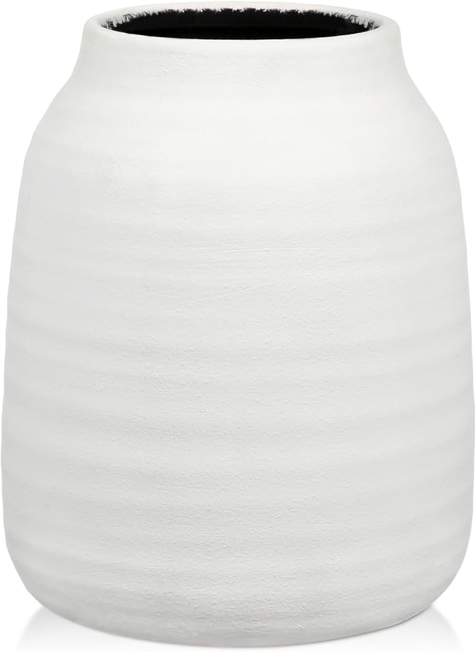 Briful White Ceramic Vase for Dried Flowers – 7.1” Short Ribbed Modern Vase with 3.7” Wide Opening, Minimalist Farmhouse Table Centerpiece, Boho Home Decor for Pampas Grass, Bookshelf & Mantel Styling