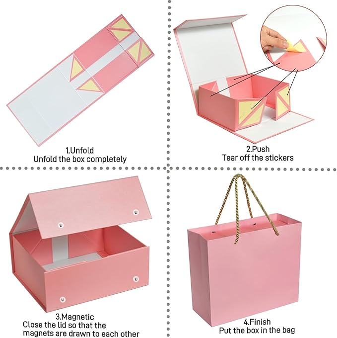 Elegant Gift Boxes with Gift Bag for Presents with Lids Magnetic Closure Rectangle Collapsible for Christmas, Valentine's Day, Birthday Gift Packging (Pink)