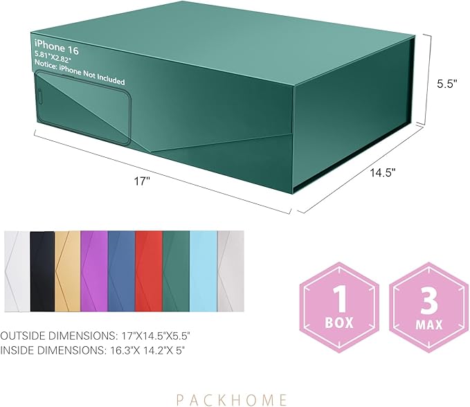 PACKHOME 17x14.5x5.5 Inches, Extra Large Gift Box with Lid, Magnetic Closure Box for Clothes and Large Gifts (Glossy Green)
