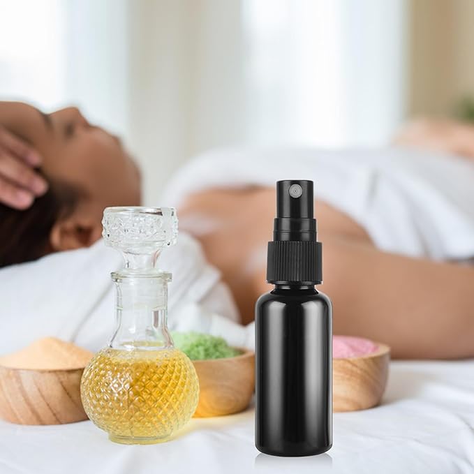 60 Pack 1 oz Spray Bottle, Black Spray Bottle with Small Fine Mist Spray and Plastic Cap, Refillable for for Essential Oils, Bath, Beauty, Hair & Cleaning