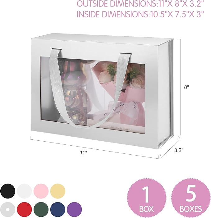 5 Silver Gift Boxes with Windows, Gift Boxes with Lids and Handles, Clear Magnetic Gift Boxes for Presents, Bridesmaid Proposal Boxes (10.5x7.5x3 Inches