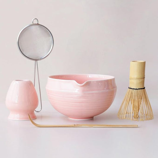 Matcha Set, 5 Pcs Matcha Whisk Set – Elegant Rounded Design Bowl with Folded Rim, Glossy Pink Glaze, Comfortable to Use, Gift Box Included (Glossy Pink)