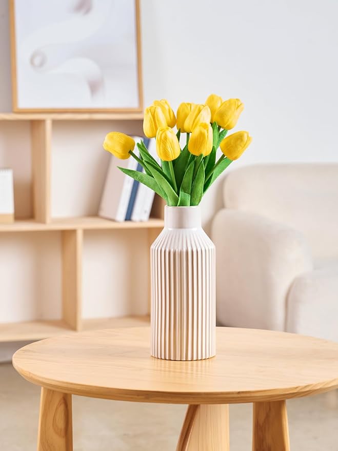 White Ceramic Flower Vase, Minimalist Home Decoration, 8 Inch Small Pampas Grass Vases for Kitchen, Bedroom, Office, Living Room, Bathroom, Shelf Centerpiece Table (White Beige)