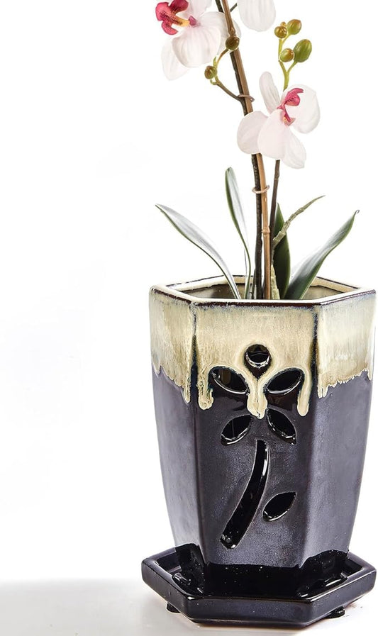 vensovo 4 Inch Ceramic Orchid Pots with Holes and Saucers - 1 Pcs Small Hexagon Succulent Pot for Repotting, Garden Flowerpots for Plants Indoor and Outdoor Promotes Air Circulation, (Black Mixed)