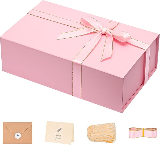 LIFELUM Pink Gift Box 13.85'' x 8.35'' x 4.45'' Gift for Wedding Large Gifts Boxes for Presents Cute Birthday Magnetic Box for Gifts with Luxury Filler,Card, Ribbon,Sticker 1 Pack