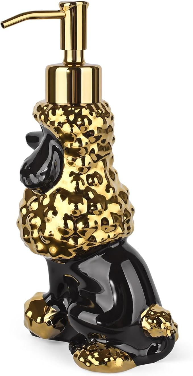 Poodle Shaped Soap/Lotion/Hand Sanitizer Ceramic Dog Lover Stainless Steel Pump Dispenser for Dog Mom Gifts, Refillable for Kitchen and Bathroom (Gold/Back)