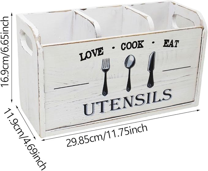 Fenteer Kitchen Utensil Holder Storage Crock Vintage Accessories Wooden Utensil Organizer Cutlery Box for Counter Hotels Restaurants, White
