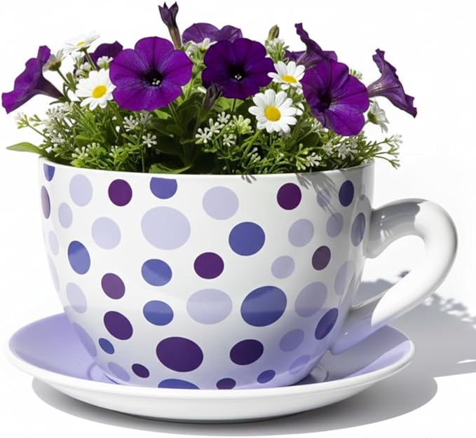 7.5” Round Ceramic Teacup Planter with Saucer – Purple Polka Dot Design Pot for Succulents, Orchid, Herbs & Indoor Houseplants/Flowers for Bithday & Home Decor & Any Other Occasion