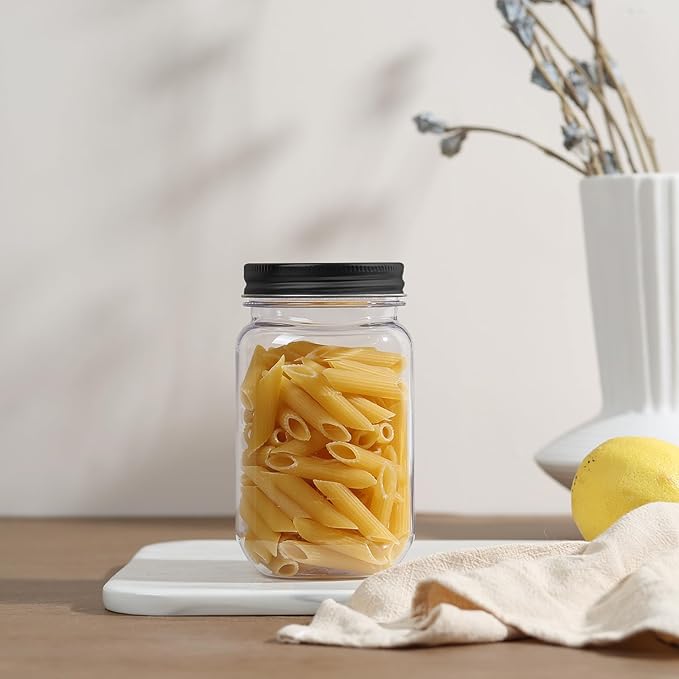 novelinks 16 oz Clear Plastic Jars with Screw-On Lids - BPA-Free Refillable Storage Containers for Slime, Food, Crafts, Kitchen & Household Use (5 Pack,Black)