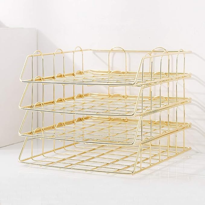 Jolitac Rose Gold 4-Tier Stackable Paper Tray Desk Organizer, Workspace Decorative Stacking Rack Supplies Holder, Metal Letter Trays for File Documents in Home & Office (Gold)