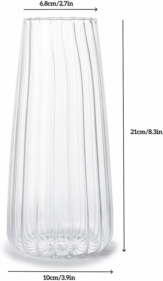 8.3in Clear Glass Vase for Flowers, Ribbed Flower Vase for Table Centerpiece Wedding Home Decor, Modern Glass Vases for Living Room, Bedroom, Dining Table, Office, Birthday Housewarming Gift (Striped)