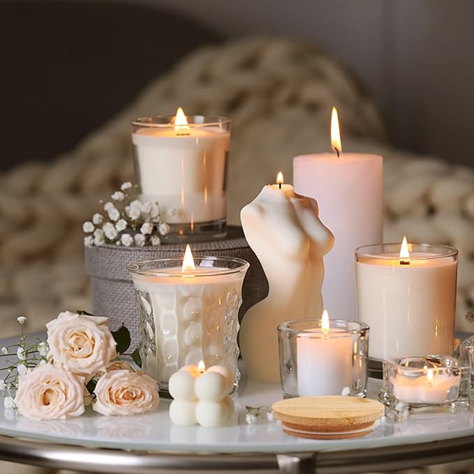 SUPMIND 12 Pack Glass Candle Jars-10oz Clear Empty Candle Jars with Bamboo Lids and Sticky Labels, Bulk Candle Jars for Making Candles Containers - Dishwasher Safe