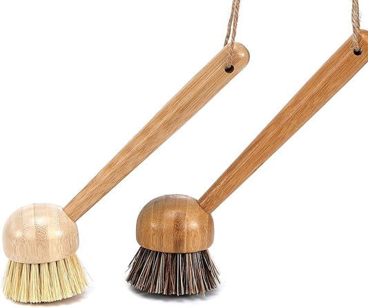 Bamboo Dish Scrubber, Dish Brushes with Bamboo Handle, Wooden Cleaning Scrubbers Stiff Bristles for Washing Kitchen Cast Iron Pan Pot, Kitchen Cleaning Set