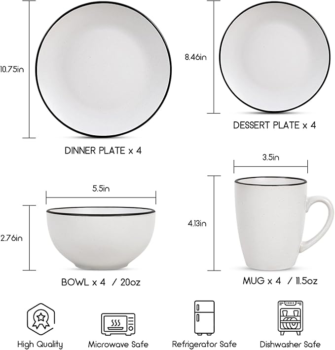 Homlouue 16 Pieces Stoneware Dinnerware Set, Speckled Ceramic Plates and Bowls Mugs Sets Service for 4, Ceramic Dishes Set, Microwave and Dishwasher Safe(White with Black Rim)