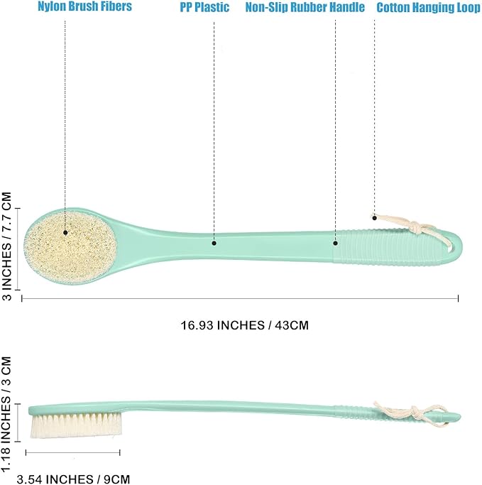 17-Inch Back Scrubber for Shower, Anti-Slip Exfoliating Body Brush for Bath, Gentle Back Brush for Shower for Men, and Women, Cleaning Skin for Smooth, Glowing Skin (Celadon Green)
