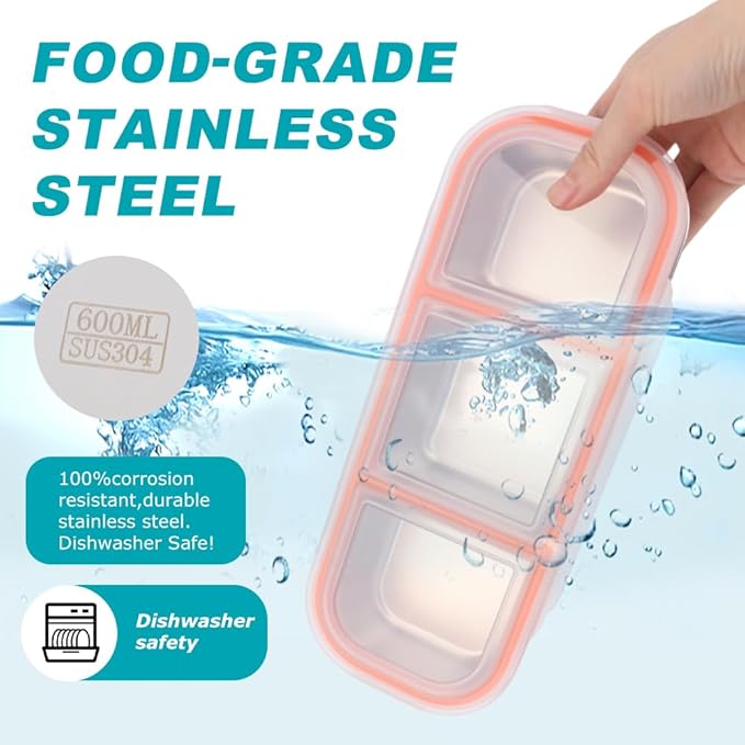 3 Pack Stainless Steel Snack Containers with Lids, 2/3 Compartment Reusable Snackle Box Container, Metal Food Storage Containers Lunch Box Bento Box for Work, Home, Travel