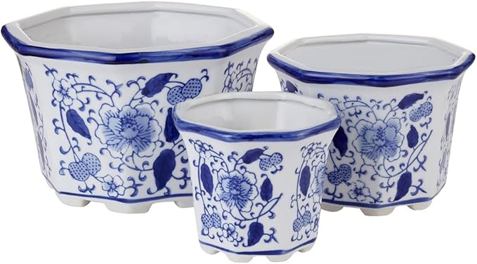 Ceramic Planter, Chinoiserie Decor Ceramic Flower Pots Plant Pots Indoor with Drainage for Orchid Succulent or Small Plants, Blue and White, Set of 3