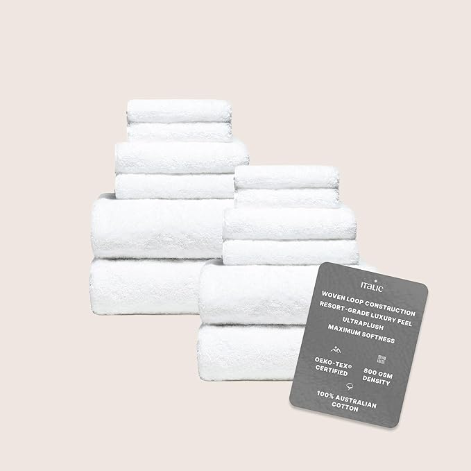 Italic Ultraplush 12-Piece Family Towel Set – Luxury Bath Towels, Hand Towels & Washcloths – Quick Dry, Plush & Absorbent 800GSM 100% Australian Cotton for Bathroom & Spa (White)