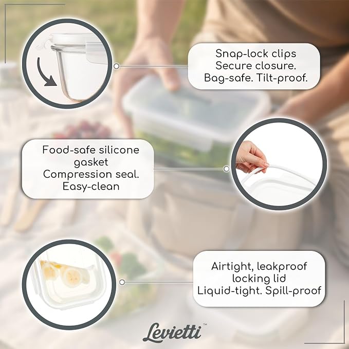 Levietti Glass Food Storage Containers Set of 2 (1040ml/35oz) – Airtight BPA-Free Plastic Lids, Leakproof Borosilicate Meal Prep Containers for Kitchen Organization, Microwave/Oven Safe